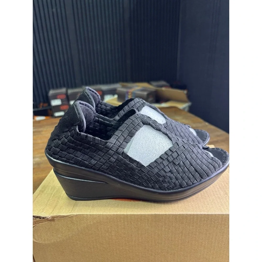 Bernie Mev Yvone Black Woven Wedge Sandals Size 37 US 6.5 NIB